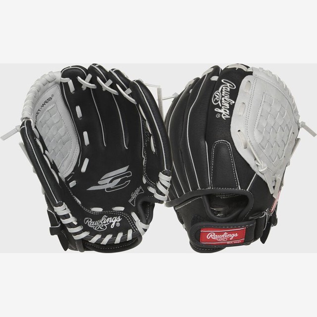 Rawlings Sure Catch 10.5″ youth baseball glove, black with white basket web — official product photo